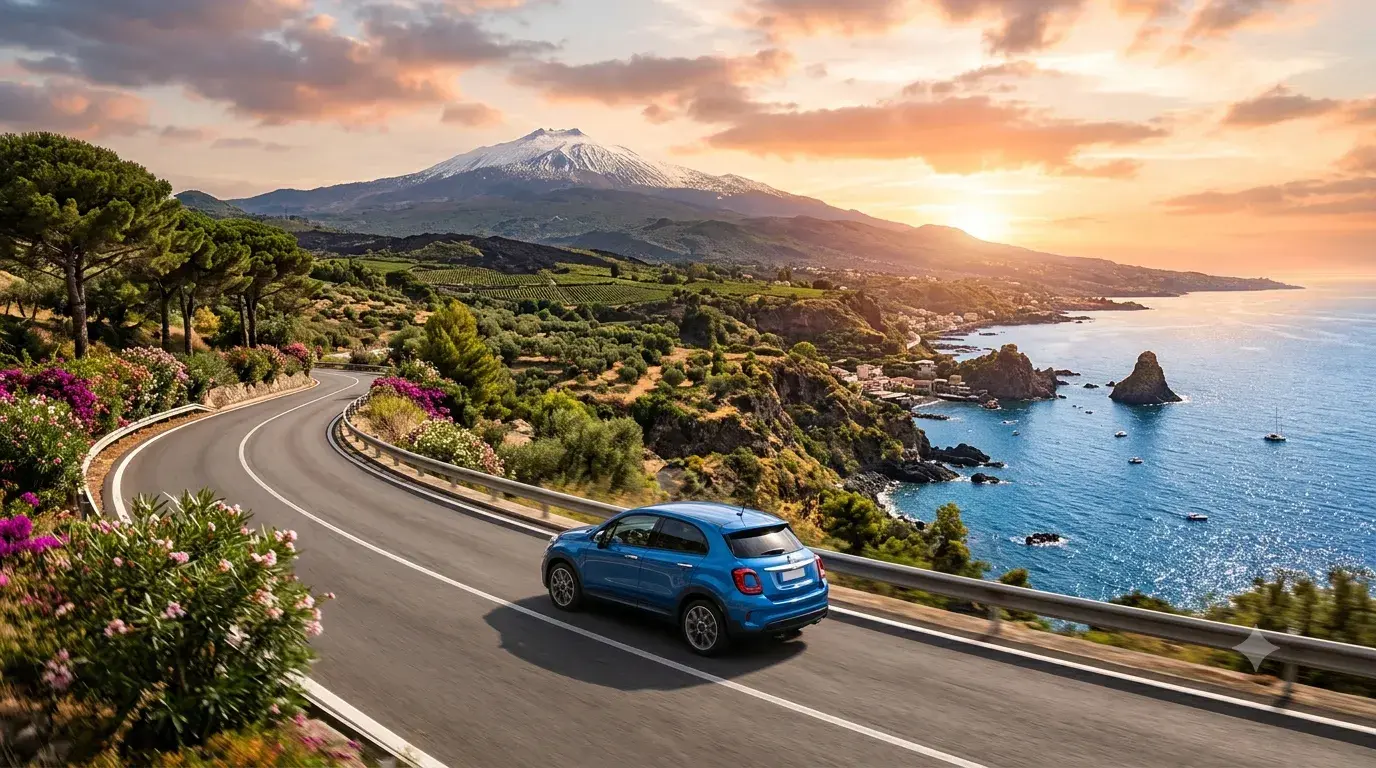 Auto a noleggio che percorre la strada panoramica della costa di Catania con l'Etna e il mare sullo sfondo